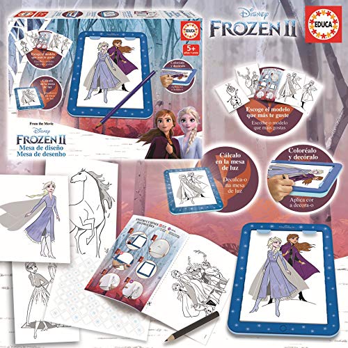 Educa - Mesa de diseño Frozen, Calca, colorea y Decora. Incluye Adhesivos y Libro con Distintos Modelos. A Partir de 5 6 7 años (18369)