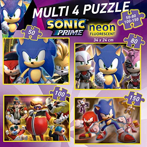 Educa - Multi 4 Sonic Prime Neon | Set de 4 Puzzles Infantiles progresivos de 50 a 150 Piezas Que Brillan en la Oscuridad. Medida aproximada una Vez montado: 34 x 24 cm. +5 años (19631)