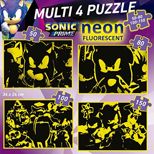 Educa - Multi 4 Sonic Prime Neon | Set de 4 Puzzles Infantiles progresivos de 50 a 150 Piezas Que Brillan en la Oscuridad. Medida aproximada una Vez montado: 34 x 24 cm. +5 años (19631)