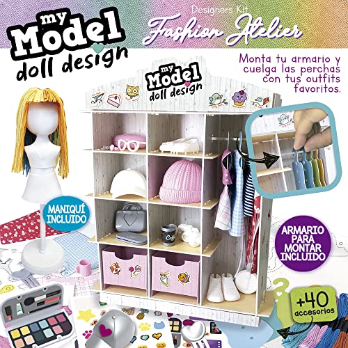 Educa - My Model Doll Design Fashion Atelier | CREA más de 300 increíbles Looks Distintos. Muñeca articulada, péinala, Corta la Tela y vístela. Incluye maniquí y Armario (19350)