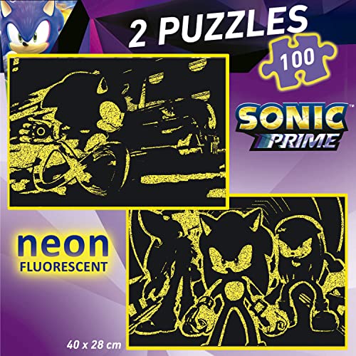 Educa - Sonic Prime Neon | Set de 2 puzzles con 100 piezas que brillan en la oscuridad. Medida aproximada una vez montado: 40 x 28 cm. Compuesto por grandes piezas. +6 años (19629)