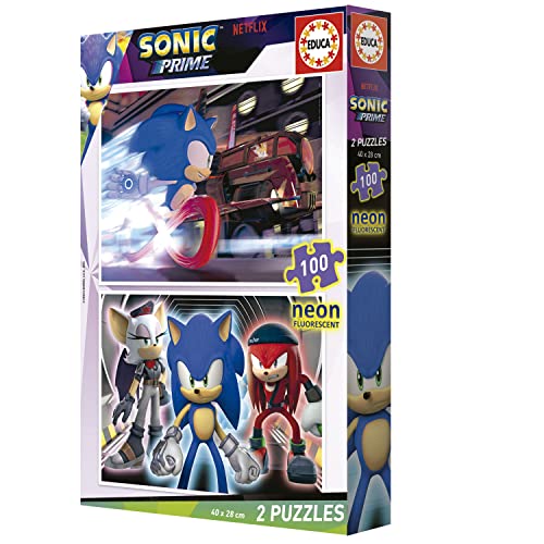 Educa - Sonic Prime Neon | Set de 2 puzzles con 100 piezas que brillan en la oscuridad. Medida aproximada una vez montado: 40 x 28 cm. Compuesto por grandes piezas. +6 años (19629)