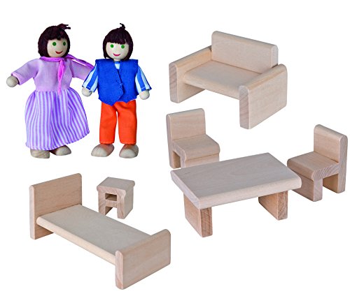 Eichhorn Casa niñas Incluye 2 muñecas y 6 Piezas de mobiliario | Madera y Acabado Edades de 3 años en adelante, Multicolor, 22.5 x 36 x 41 Centimeters (100002501)