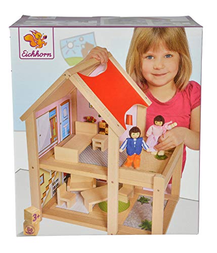 Eichhorn Casa niñas Incluye 2 muñecas y 6 Piezas de mobiliario | Madera y Acabado Edades de 3 años en adelante, Multicolor, 22.5 x 36 x 41 Centimeters (100002501)