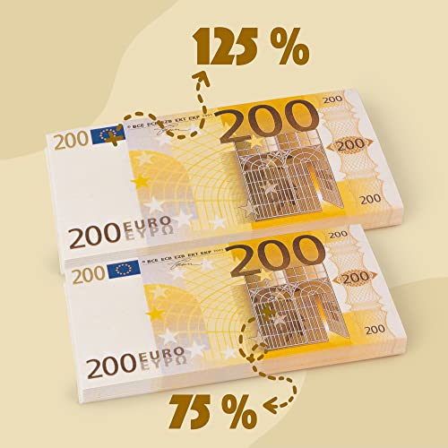 EIGHT4TWO® 100 x € 200 Dinero Juguete - Billetes de 200 Euros Falsos al 75% Dinero Real - Billetes Euros Falsos para Jugar - Fake Money - Billetes de Juguete no es Dinero Real (100x200€ - 75%)