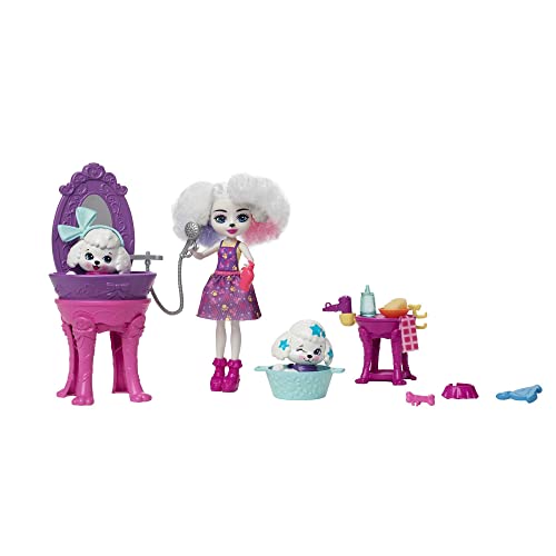 Enchantimals City Tails Salón de belleza de Perris Poodle Muñeca con set de juego con mascotas perrito que cambian de color con el agua, +15 accesorios, juguete de regalo +4 años (Mattel HHC20)