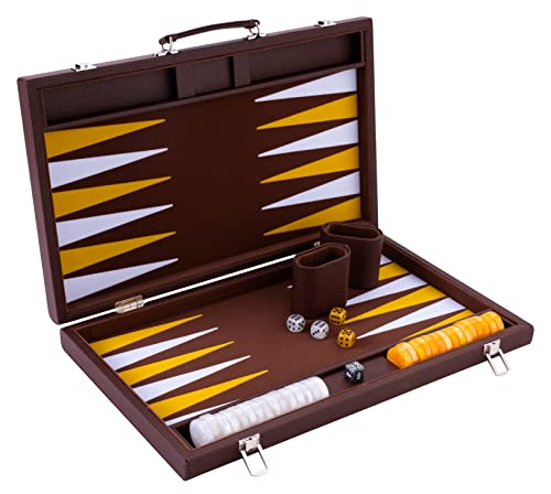 Engelhart - Backgammon de Lujo 45,5 cm Piel Simili, Incrustaciones Especiales de Fieltro - Dados y fichas nacaradas + 2 Tazas (Castaño/Amarillo/Blanco)