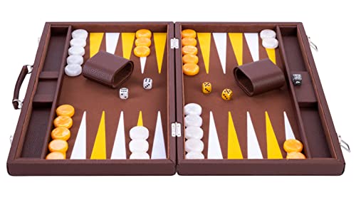 Engelhart - Backgammon de Lujo 45,5 cm Piel Simili, Incrustaciones Especiales de Fieltro - Dados y fichas nacaradas + 2 Tazas (Castaño/Amarillo/Blanco)