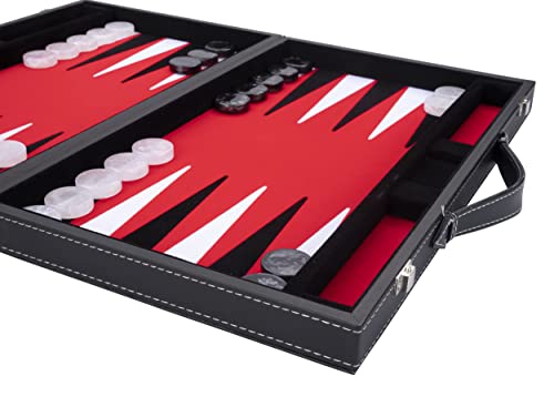 Engelhart - Backgammon de Lujo 45,5 cm Piel Simili, Incrustaciones Especiales de Fieltro - Dados y fichas nacaradas + 2 Tazas (Rojo/Negro/Blanco)