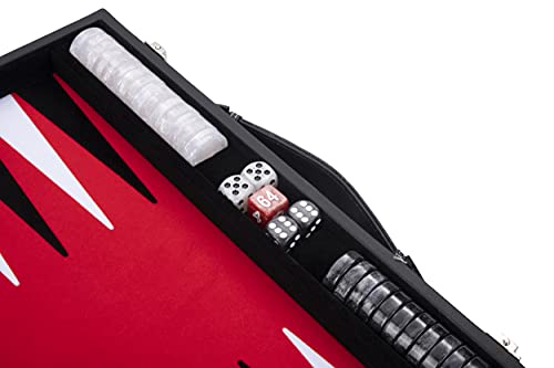 Engelhart - Backgammon de Lujo 45,5 cm Piel Simili, Incrustaciones Especiales de Fieltro - Dados y fichas nacaradas + 2 Tazas (Rojo/Negro/Blanco)
