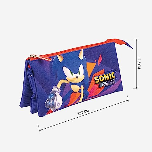 Estuche con Triple Compartimento de Sonic Prime - Color Azul y Rojo - 22,5x2x11,5 cm - Fabricado en Poliéster - Cierre de Cremallera - Estampado de Sonic Prime - Producto Original Diseñado en España