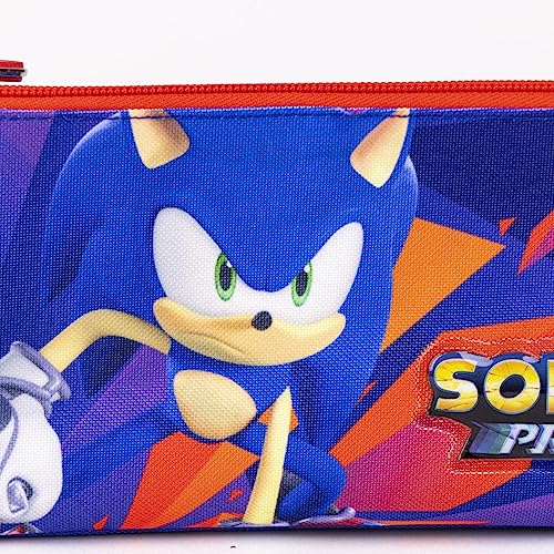Estuche con Triple Compartimento de Sonic Prime - Color Azul y Rojo - 22,5x2x11,5 cm - Fabricado en Poliéster - Cierre de Cremallera - Estampado de Sonic Prime - Producto Original Diseñado en España
