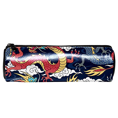 Estuche de lápiz de cuero con diseño de dragón chino de las leyendas de los mitos chinos de las leyendas del dragón rojo marino de la pluma de la monedero, bolsa de maquillaje cosmética