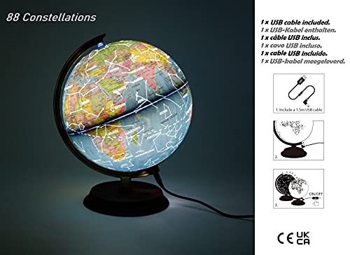 EXERZ 20cm Globo terráqueo iluminado base madera - Mapa en Inglés - Mapa Político (durante el día) - Constelación de estrellas (Noche) - Lámpara LED luz - Diversión y educación