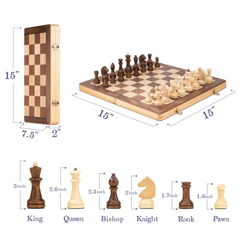 Exquisito Juego de ajedrez Plegable de Madera de 38 cm con Piezas de 7,6 cm de Altura de Rey - Tablero con Incrustaciones de Nogal y Arce