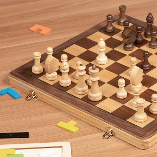Exquisito Juego de ajedrez Plegable de Madera de 38 cm con Piezas de 7,6 cm de Altura de Rey - Tablero con Incrustaciones de Nogal y Arce