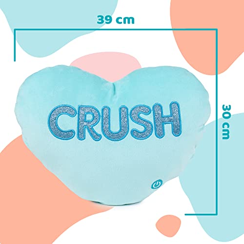 Famosa Softies - Hello Pillow cojín Luminoso Azul, cojín con forma de corazón y las letras 'Crush' bordadas en el centro y luz, muy blandito y suave, un detalle para regalar, (760021807)