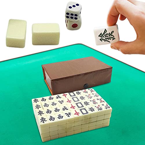 fanelod Mini Majiang Set, 650g Mini Chinese Mahjong Set con 144 Fichas, Travel Mahjong Set con 2 Reserve Mahjong Tiles + 2 Dados para Fiesta para Adultos