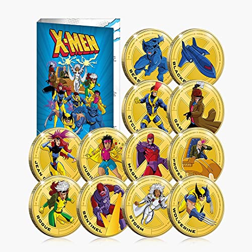 FANTASY CLUB Marvel Colección Completa X-Men - 12 Monedas / Medallas conmemorativas acuñadas con baño en Oro 24 Quilates y coloreadas a 4 Colores - 44mm