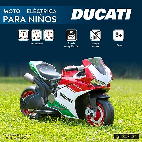 FEBER - Ducati 2138, Moto Infantil a batería de 12 voltios, con Luces y Sonidos de Arranque y bocina, vehículo Deportivo Seguro para niños, Velocidad 3,5 a 8,6 km/h, 3 años, Famosa (FEN09000)