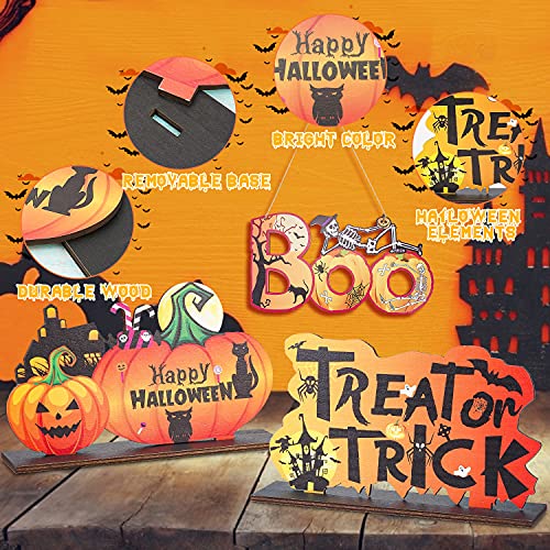 Feliz Halloween Decoraciones de Mesa, 3pcs Carteles de Madera para Centro de Mesa de Halloween Trick or Treat, Carteles de Mesa Boo, Carteles de Calabaza para Decoración de Fiesta de Halloween