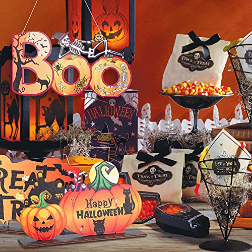 Feliz Halloween Decoraciones de Mesa, 3pcs Carteles de Madera para Centro de Mesa de Halloween Trick or Treat, Carteles de Mesa Boo, Carteles de Calabaza para Decoración de Fiesta de Halloween