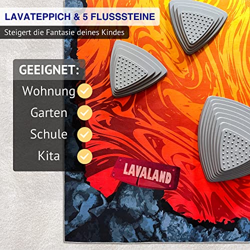 Femo Design® LAVALAND Juego de equilibrio | 5 piedras de río + alfombra de juego | piedras de equilibrio para niños/el suelo es lava, tamaño 200 x 130 cm