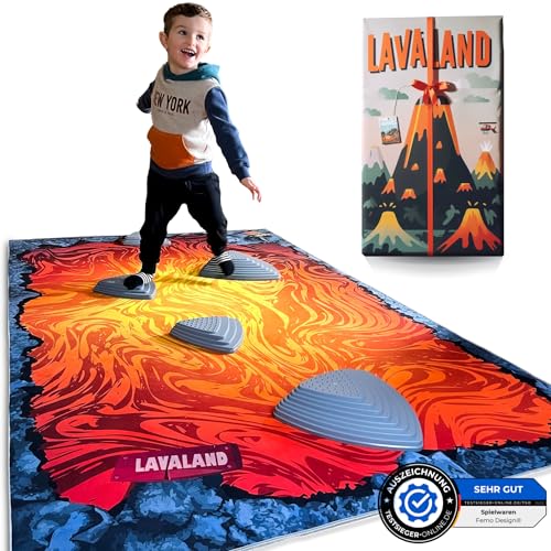 Femo Design® LAVALAND Juego de equilibrio | 5 piedras de río + alfombra de juego | piedras de equilibrio para niños/el suelo es lava, tamaño 200 x 130 cm
