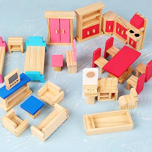 FENGQ Juego de muebles para casa de muñecas, minicasa de muñecas, muebles de madera, con 6 muñecas de madera simuladas para decoración de casa de muñecas de hadas