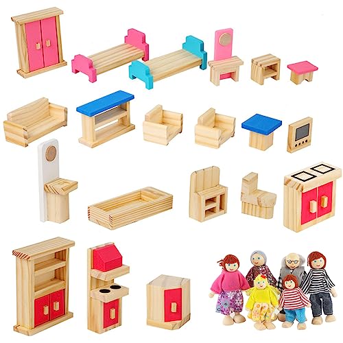 FENGQ Juego de muebles para casa de muñecas, minicasa de muñecas, muebles de madera, con 6 muñecas de madera simuladas para decoración de casa de muñecas de hadas