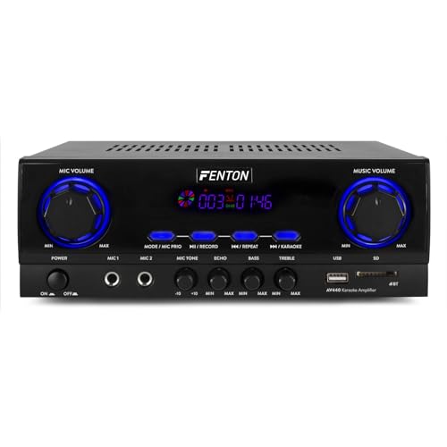 Fenton AV440 Amplificador HiFi y Karaoke Digital con Bluetooth, 400 W, Reproductor MP3 (USB/SD), 2 entradas de micrófono, Ideal para Cine en casa, Fiestas y Eventos, Incluye Mando a Distancia