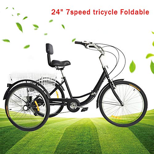 Fetcoi Triciclo para adultos de 24 pulgadas, triciclo plegable de 7 velocidades con 3 ruedas, cesta y luz