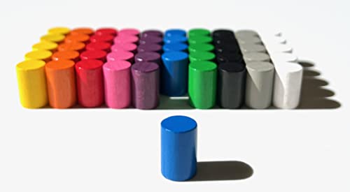 Fichas de madera para juegos de mesa, cilindro de 10 x 15 mm (50 fichas, 10 colores: blanco, amarillo, naranja, rojo, rosa, morado, azul, verde, gris, negro)