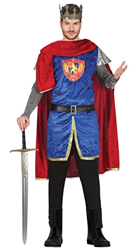 FIESTAS GUIRCA Disfraz de Rey Medieval Luis - Atuendo de Guerrero Rojo y Azul con Capa de Rey para Hombre Adulto Talla M 48-50