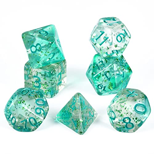 FLASHOWL Dados de cinta de colores de cristal transparente D20 Dice Dungeons and Dragons Dice Games Table Dice Polyhedral Roll Play W20 Dice DND RPG MTG Dice poliédricos (7 piezas verde)