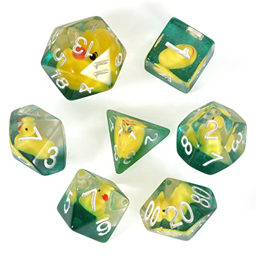 FLASHOWL Duck Dice - Juego de dados poliédricos y RPG con pato en el interior poliédrico, juego de dados D20, dados de mazmorras y dragón, 7 piezas