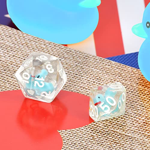 FLASHOWL Duck Dice - Juego de dados poliédricos y RPG con pato en el interior poliédrico, juego de dados D20, dados de mazmorras y dragón, 7 piezas, color azul