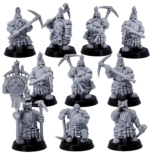 Forged Terrain Fantasy Dwarf Miners - Miniaturas de escala de 32 mm para juegos de mesa, enanos, púa, hacha, juegos de guerra, figuras de unidad del ejército enano