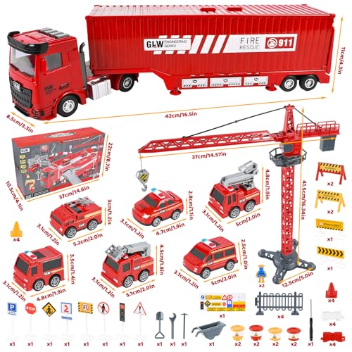 FORMIZON Camión de Bomberos para Niños, Vehículos de Construcción para Niños, Juguetes de Camion Transportador con Música y Luces, 6 Mini Camiónes de Bomberos (Rojo)