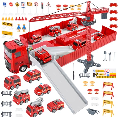 FORMIZON Camión de Bomberos para Niños, Vehículos de Construcción para Niños, Juguetes de Camion Transportador con Música y Luces, 6 Mini Camiónes de Bomberos (Rojo)