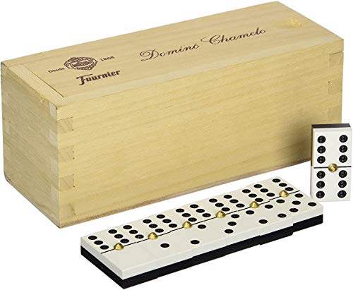 Fournier- Domino CHAMELO CELULOIDE Caja Madera, Color marrón (F06573) + Dados Poker Caja (F28984)