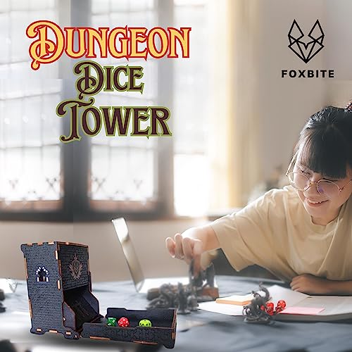 FOXBITE Torre de dados para Dungeons and Dragons Tower con bandeja de madera grabada con láser DND portátil y plegable, rodillo de dados perfecto para juegos de mesa y RPG de mesa, madera natural