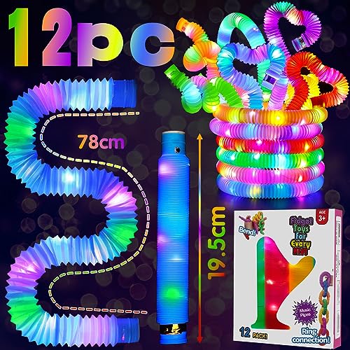 Frasheng Mini Tubos Pop Juguetes Sensoriales, 12pcs Tubo Pop Luminoso Tubo Elástico Multicolor Juguete Educativo,para Aliviar el Estrés TDAH Juguetes Creativos, para niños y niñas