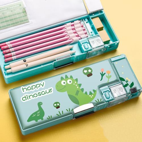 Frdun Estuche de lápices de dibujos animados de doble capa para escritorio, caja organizadora adecuada para el hogar, la escuela y la oficina, Pequeño dinosaurio
