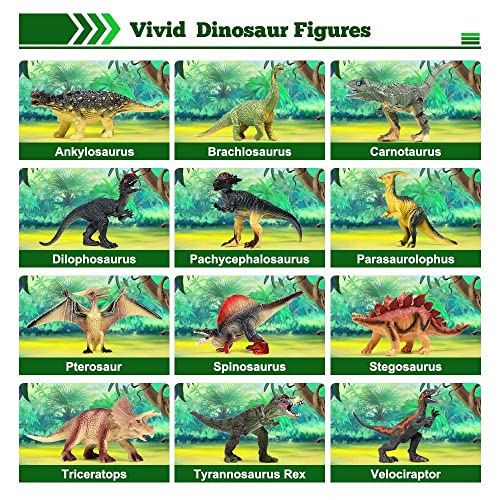 FRUSE Dinosaurio de Juguete,12 Educativas Figuras de Dinosaurio Realistas con T-Rex, Carnotaurus, Libro de Dinosaurio, Dinosaurios Juguetes para Niños y Niñas de 3 4 5 6 7 Años