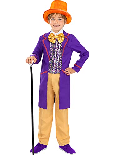 Funidelia | Disfraz de Willy Wonka - Charlie y la Fábrica de Chocolate para niño Disfraz para niños y divertidos accesorios para Fiestas, Carnaval y Halloween - Talla 10-12 años - Morado