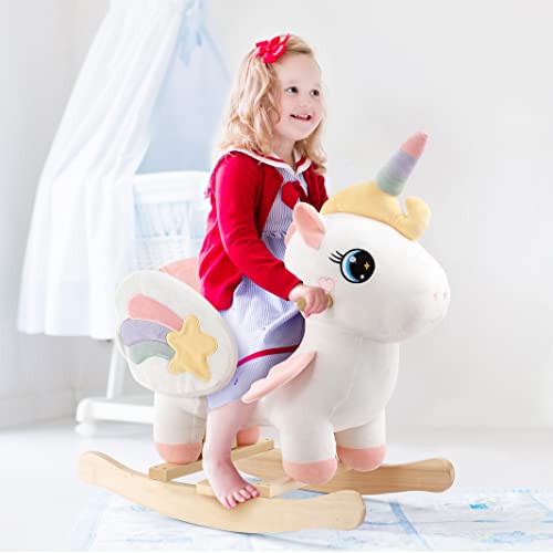 FUNLIO Caballo balancín de unicornio para bebé, caballo balancín de unicornio arcoíris para niños de 6 meses a 3 años, balancín de animales de peluche, fácil de montar, certificado CPC & CE