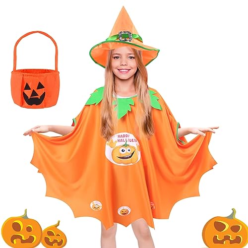 Funmo Disfraz Infantil Bruja, Infantil Capa de Halloween con Sombrero de Mago, Bolsa De Caramelos, Capa De Bruja para Niños Niña Disfraz de Cosplay Fiesta