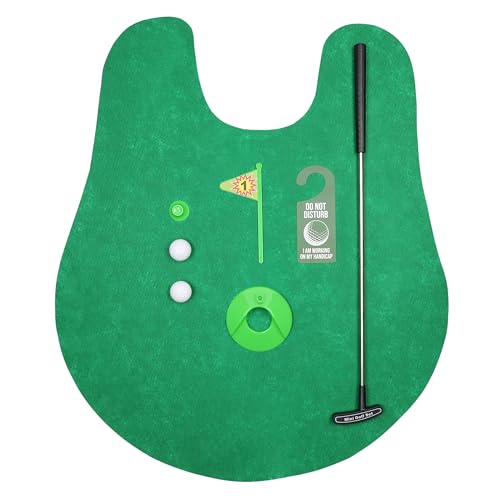 FunX Set de regalo de golf para inodoro – Divertido regalo para hombres de golf para baño con alfombrilla de putting – 7 piezas