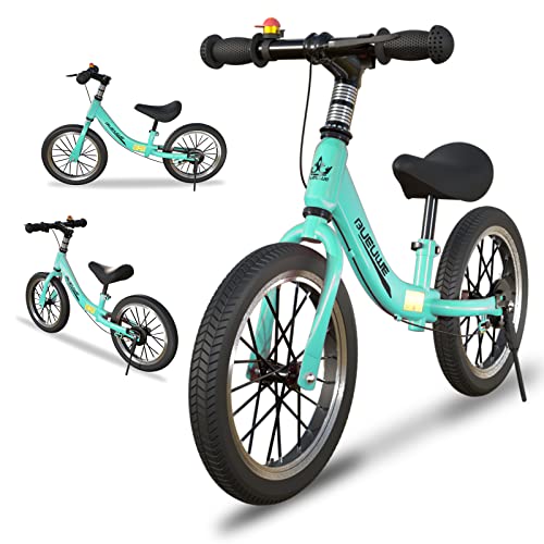 GASLIKE Bicicleta Sin Pedales con Freno de 2-6 años, Bici Equilibrio de 14 Pulgadas con Caballete y Timbre, Altura de Sillín Regulable, hasta 40kg, Juguetes pour Niña y Niños, Verde